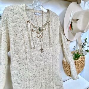 Comfy lounge snowy fox lace up cabin boho cable knit long sweater w country vibe